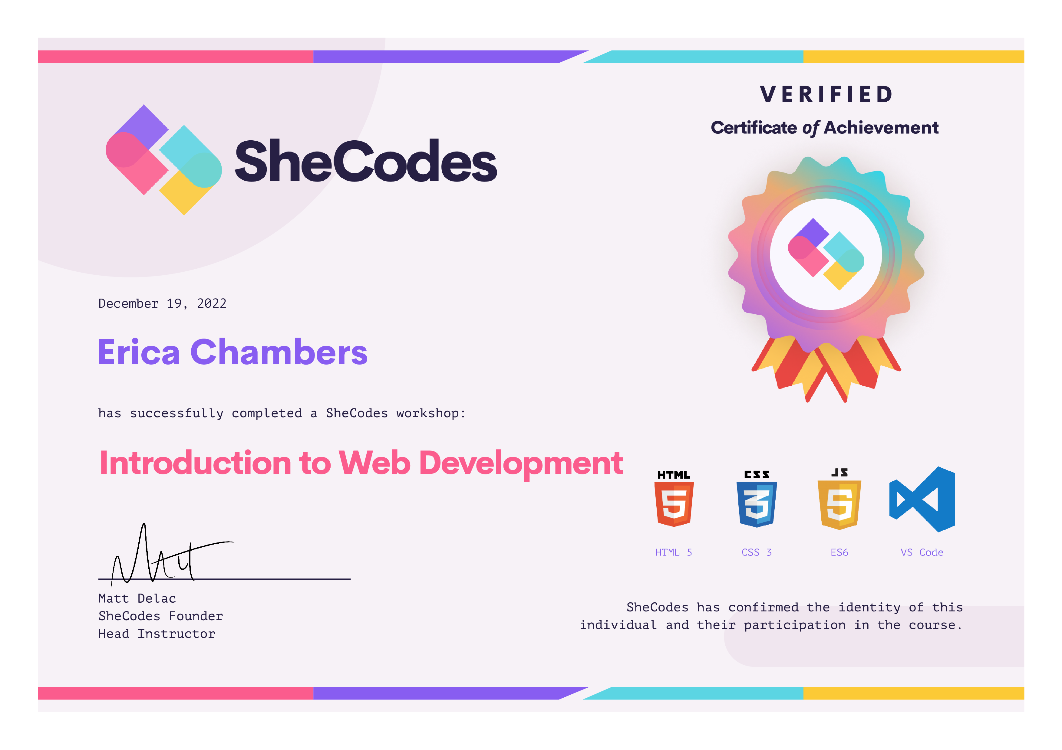 SheCodes Introduction to Web Development Certificate